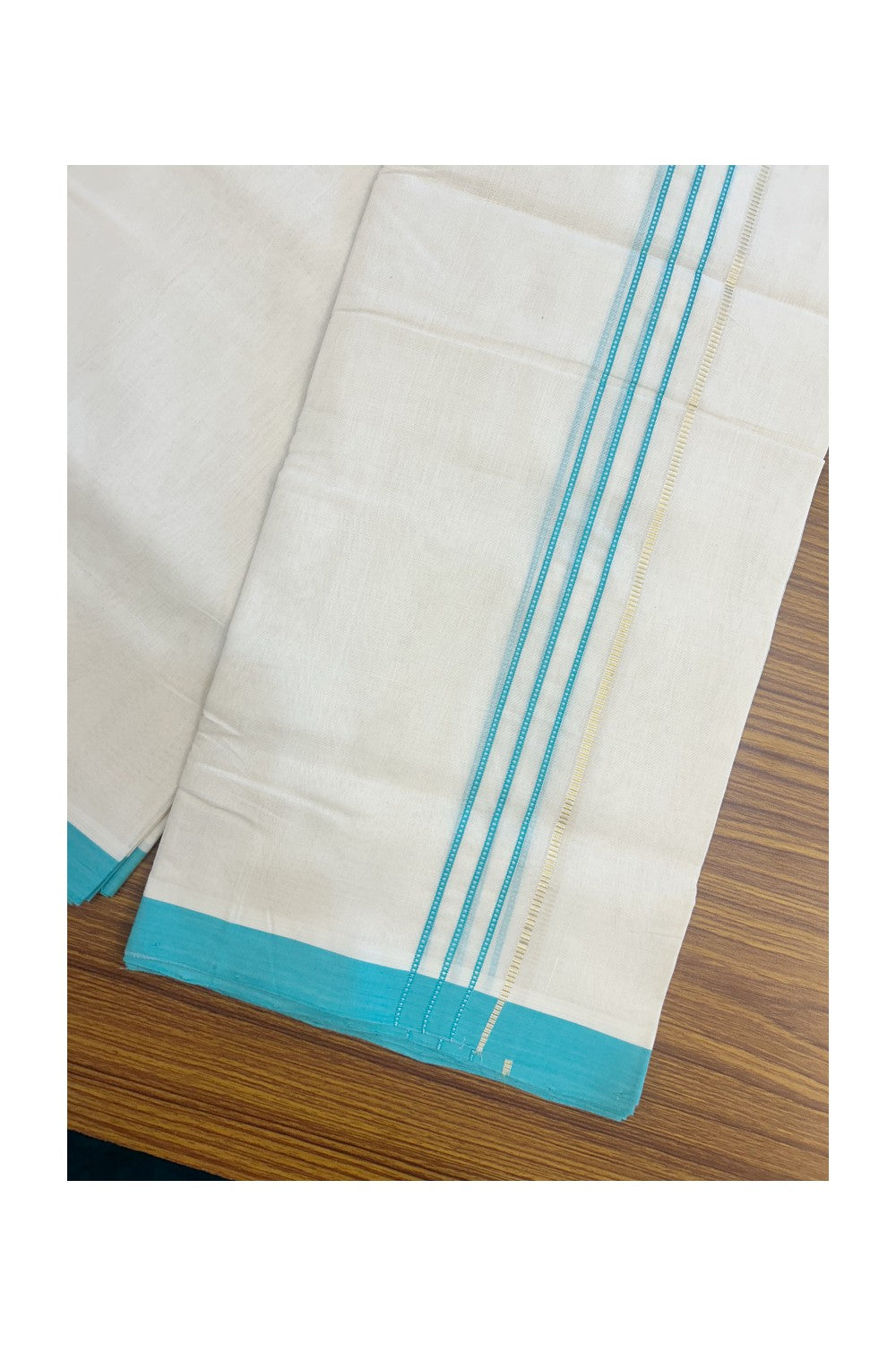 25% DISCOUNT!! KaithariKada HANDLOOM UNAKKUPAAV Balaramapuram - 100% PURE Cotton OFF White - (Unbleached) Double Mundu/Dothi - 80x100 - PURE JERRY 3 cm Turquoise blue stripes pattern kara 3.80 meter (8.5 Muzham) - 29KK5167REA