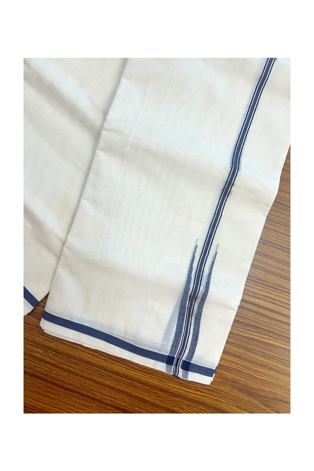 20% DISCOUNT!! KaithariKada Balaramapuram Pure Cotton DOUBLE OFF WHITE - (Unbleached) - Mundu/Dhoti - 100x80 - 0.5 inch Puliyilakkara Navy Blue - Muthukuri Silver Kasavu Chutty - 17KK5171GAN