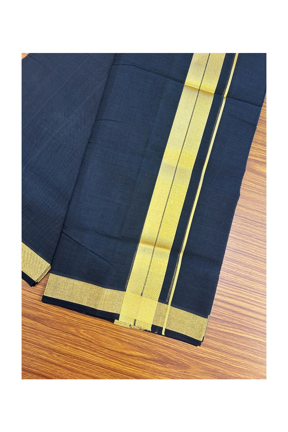 25% Discount! KaithariKada Handloom UNAKKUPAAV Balaramapuram - 100% Cotton Double Mundu/Dhoti - Black Colour Body - 2 inch Gold Kasavu Design - 17KK5176ABH