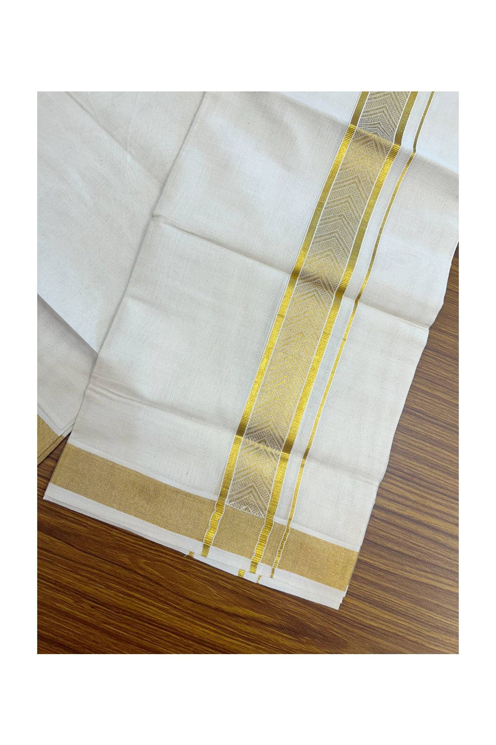 20% DISCOUNT! KaithariKada Balaramapuram 100% Pure Cotton off white - (Unbleached) Double Mundu/Dhoti - 100X80 - 2 inch Gold kasavu Jacquard Design kara - 17KK5186CKS