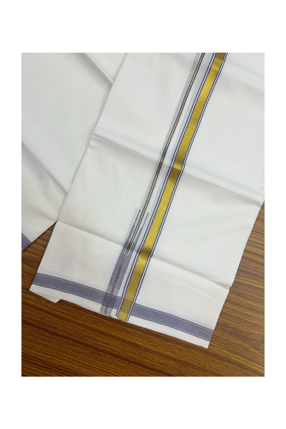 20% DISCOUNT!! KaithariKada Balaramapuram 100% Cotton PURE WHITE Double Mundu/Dhoti-100x80 - 0.75 inch Ash blue Kasav Chutty Kara - 17KK5191CKS