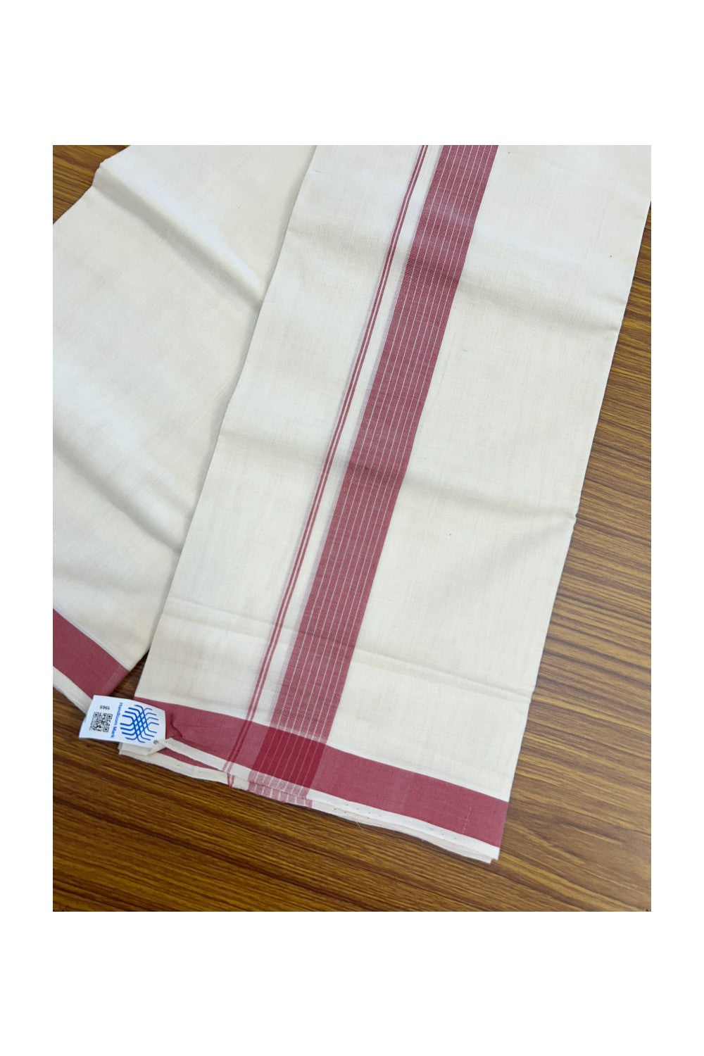 25% Discount KaithariKada HANDLOOM Unakkupaav Balaramapuram - 100% PURE Cotton off white (Unbleached) Double Mundu/Dhoti - 80X90 - 1.5 inch Fire Brick Red Stripes Kara 3.80 mtr - 17KK5192ELA
