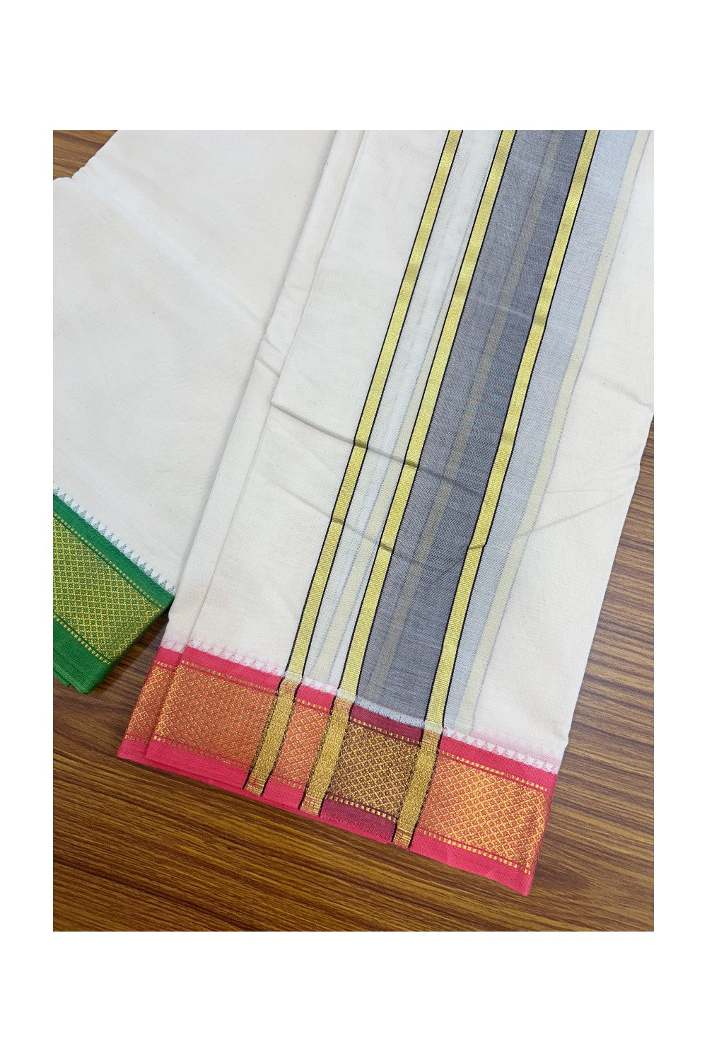 20% DISCOUNT! KaithariKada 100% Cotton Off White - (Unbleached) 100x100 thread - NORTH INDIAN- ATTACHED GAMCHA 9X5 Dhoti 2.25 inch Dark Brown kara with Light Green & Pink Kasavu border - 17KK5196PMC