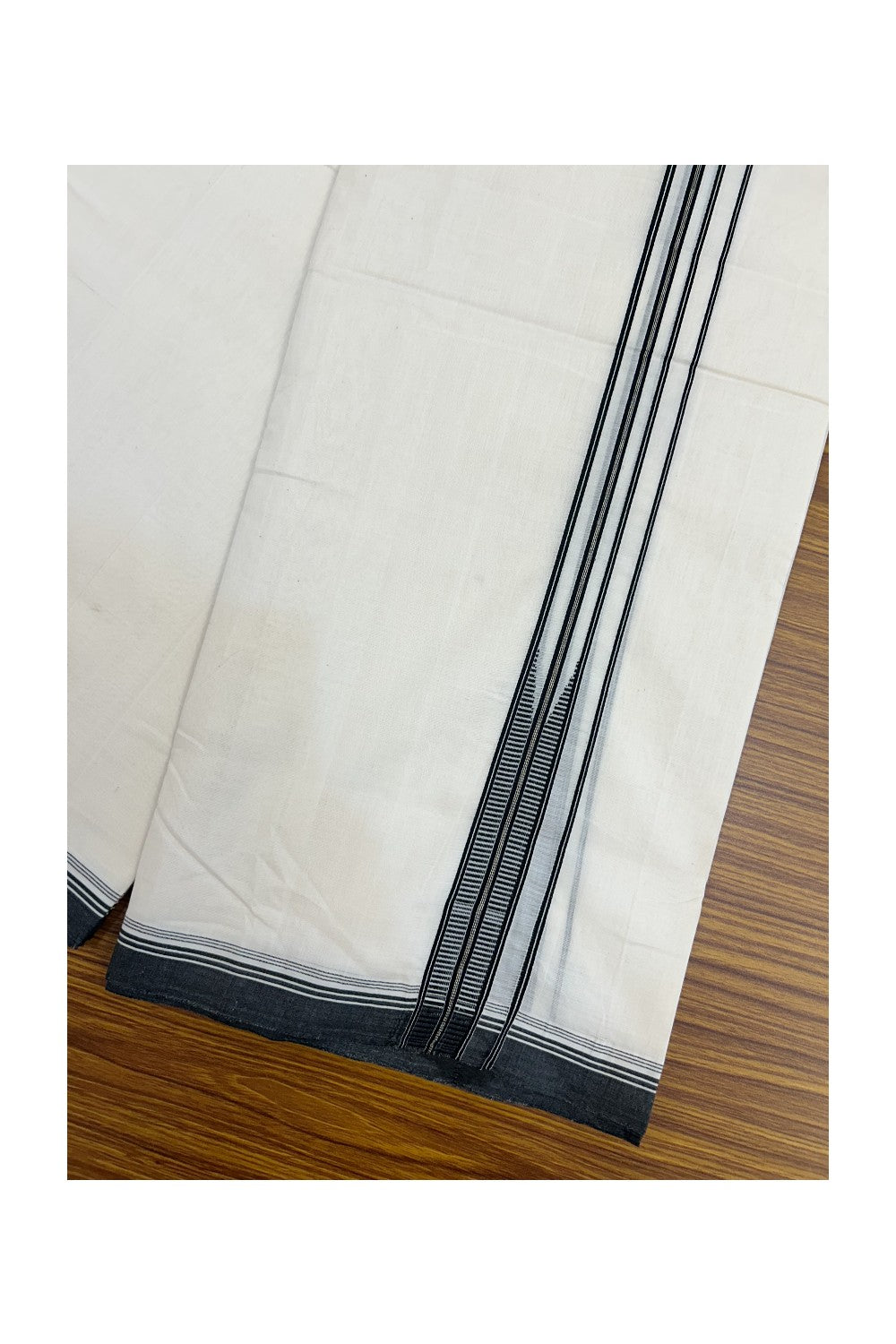 25% DISCOUNT!! KaithariKada HANDLOOM UNAKKUPAAV Balaramapuram - 100% PURE Cotton OFF White - (Unbleached) Double Mundu/Dothi - 80X100 - 1 inch Pure Silver Kasavu Puliyilakkara Black striped chutty Kara 3.80 meter (8.5 Muzham) - 17KK5209 REA