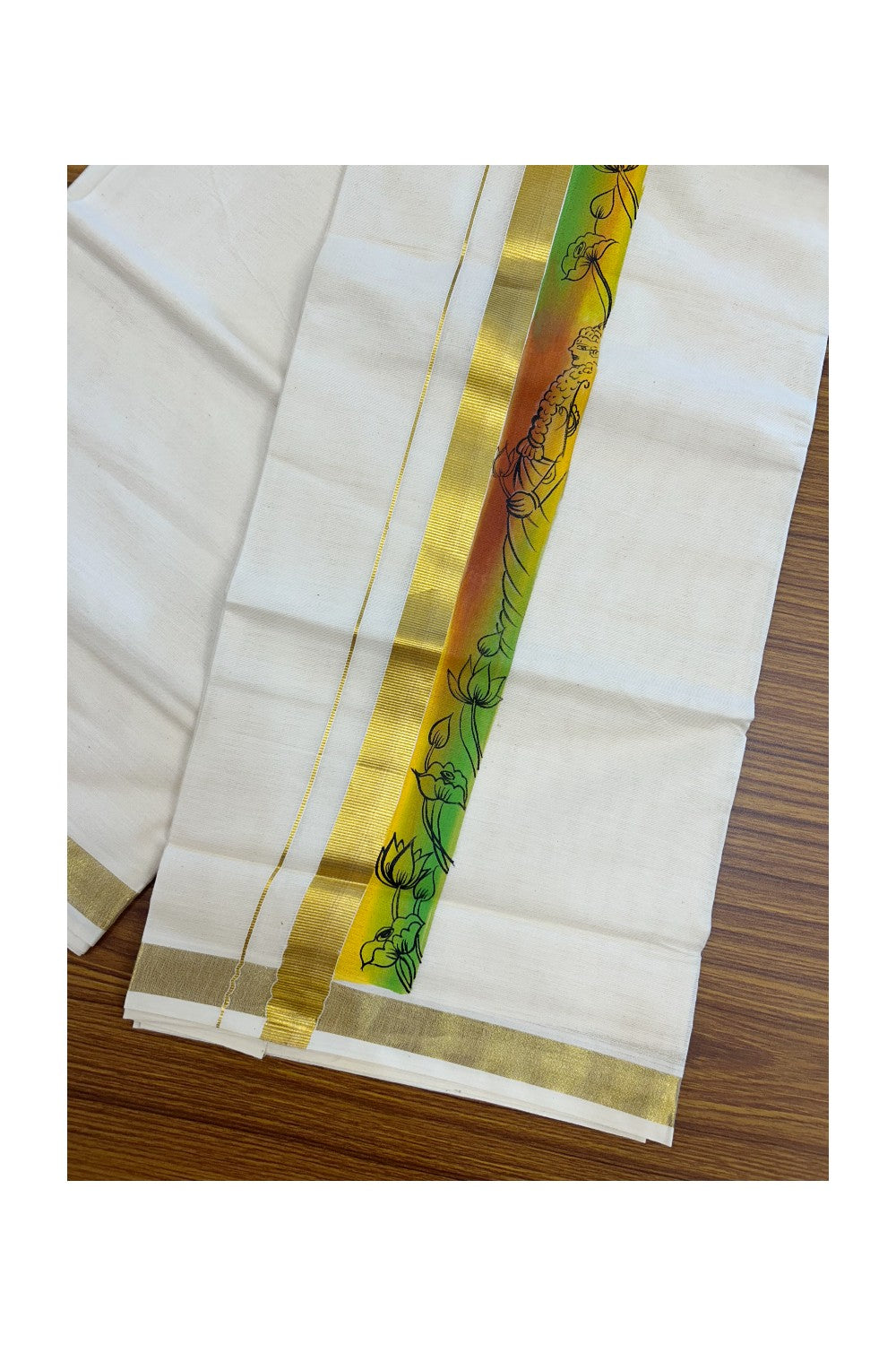 29% Discount! KaithariKada Balaramapuram 100% Cotton off white Double - (Unbleached) Mundu/Dhoti- 80x90 - Gold Kasavu HAND PAINTED Yellow , Orange , Green Flower Pattern 2.25 inch Kara - 17KK5212 VIN