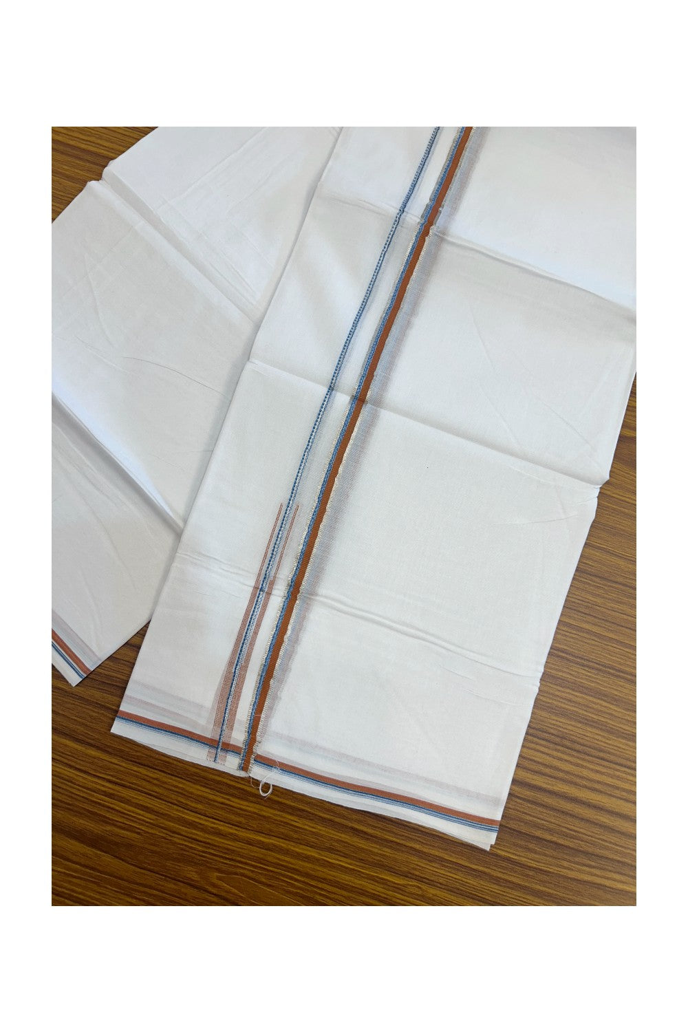 20% Discount !! Kaitharikada Balaramapuram 100% Cotton PURE WHITE DOUBLE Mundu/Dothi- 100X80 - 0.5 inch Silver Kasavu Light Orange & Blue Design Chutty Kara - 17KK5217 CKS