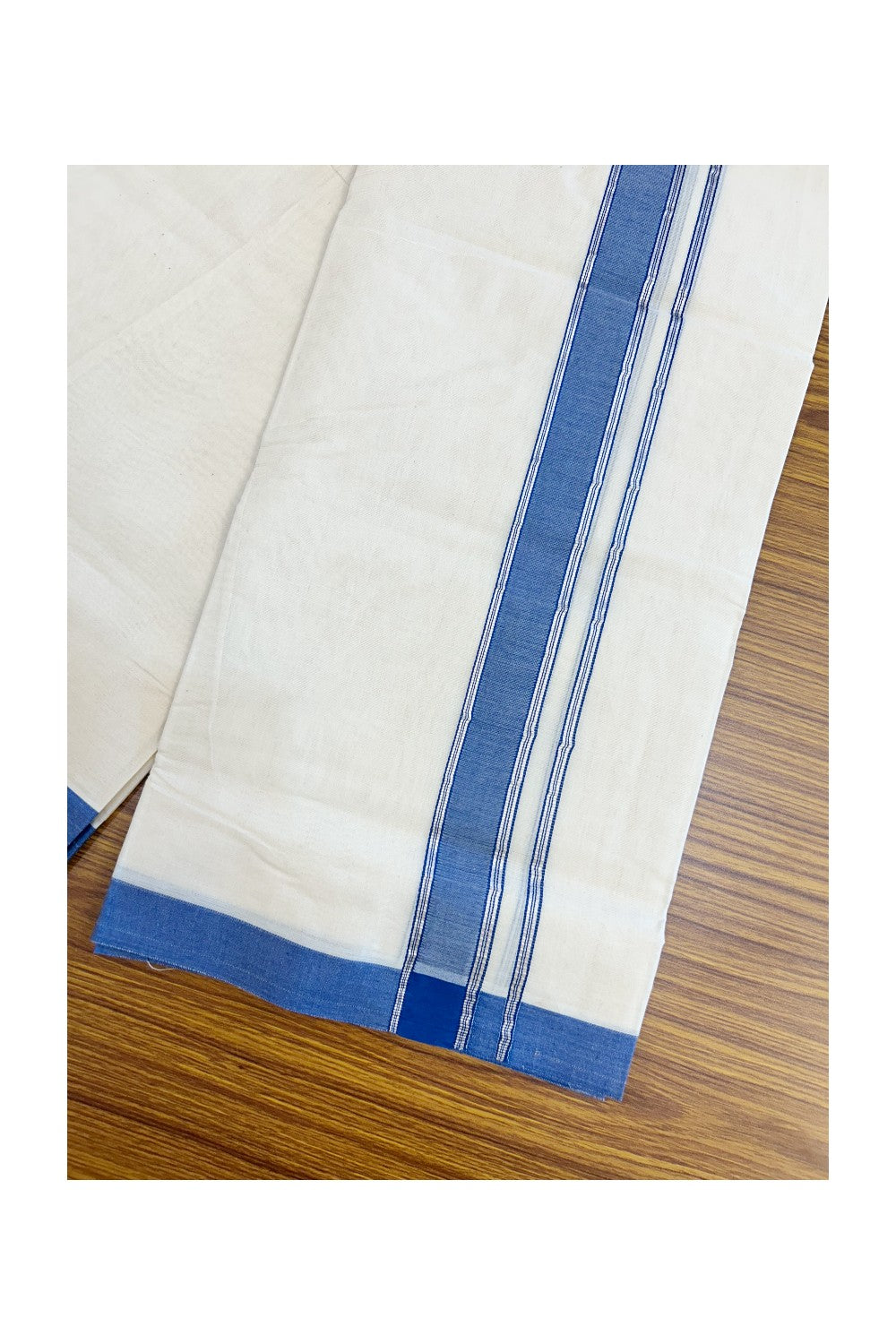 NEW !! 20% DISCOUNT!! KaithariKada Balaramapuram 100% Cotton Double Off white - (Unbleached) Mundu/Dhoti-100x80 - 1.25 inch Silver Kasavu & Blue Shaded Striped KARA - 3.75 mtr (8 Muzham) - 17KK5218 ASH
