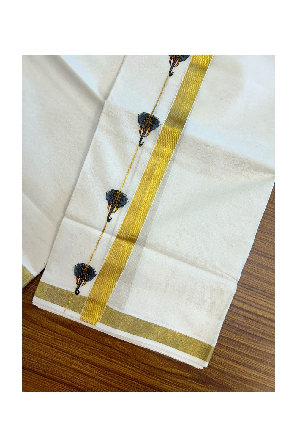 22% Discount!! KaithariKada Balaramapuram 100% Cotton DOUBLE OFF WHITE - (Ubleached) Mundu/Dhoti - 80x90 - 1 inch Gold Kasavu with Elephant Printed Design Kara - 17KK5219 GAN
