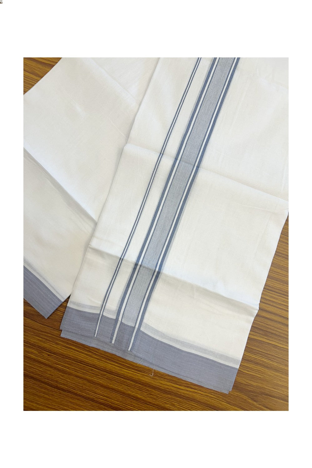 20% DISCOUNT! KaithariKada Balaramapuram 100% Cotton Double Pure white Mundu/Dhoti-( 60s ) - 1.5 inch Lavender Blue Shaded Striped Kara - 3.86mtr ( 8 muzham) - 17KK5227 PMC