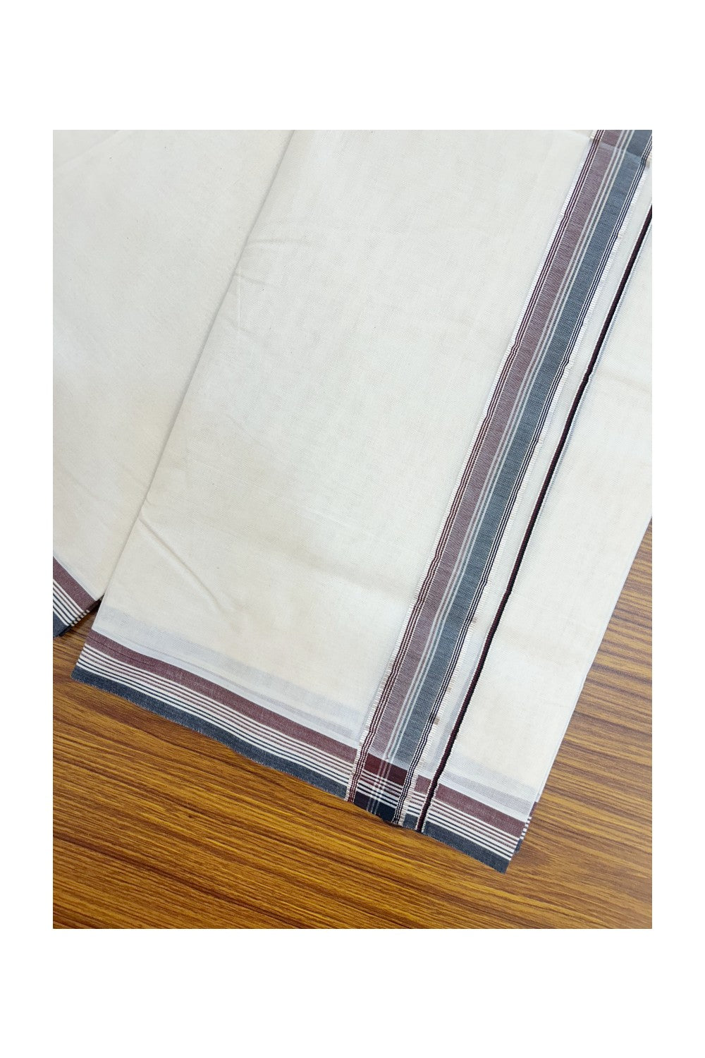 20% Discount KaithariKada Balaramapuram 100% Cotton Double Off white - (Unbleached) - Mundu/Dhoti - 100x100 - 1.5 inch Silver Kasav Black & Dark Maroon Striped Kara - 4 mtr ( 8.5muzham)- 17KK5228 ASH