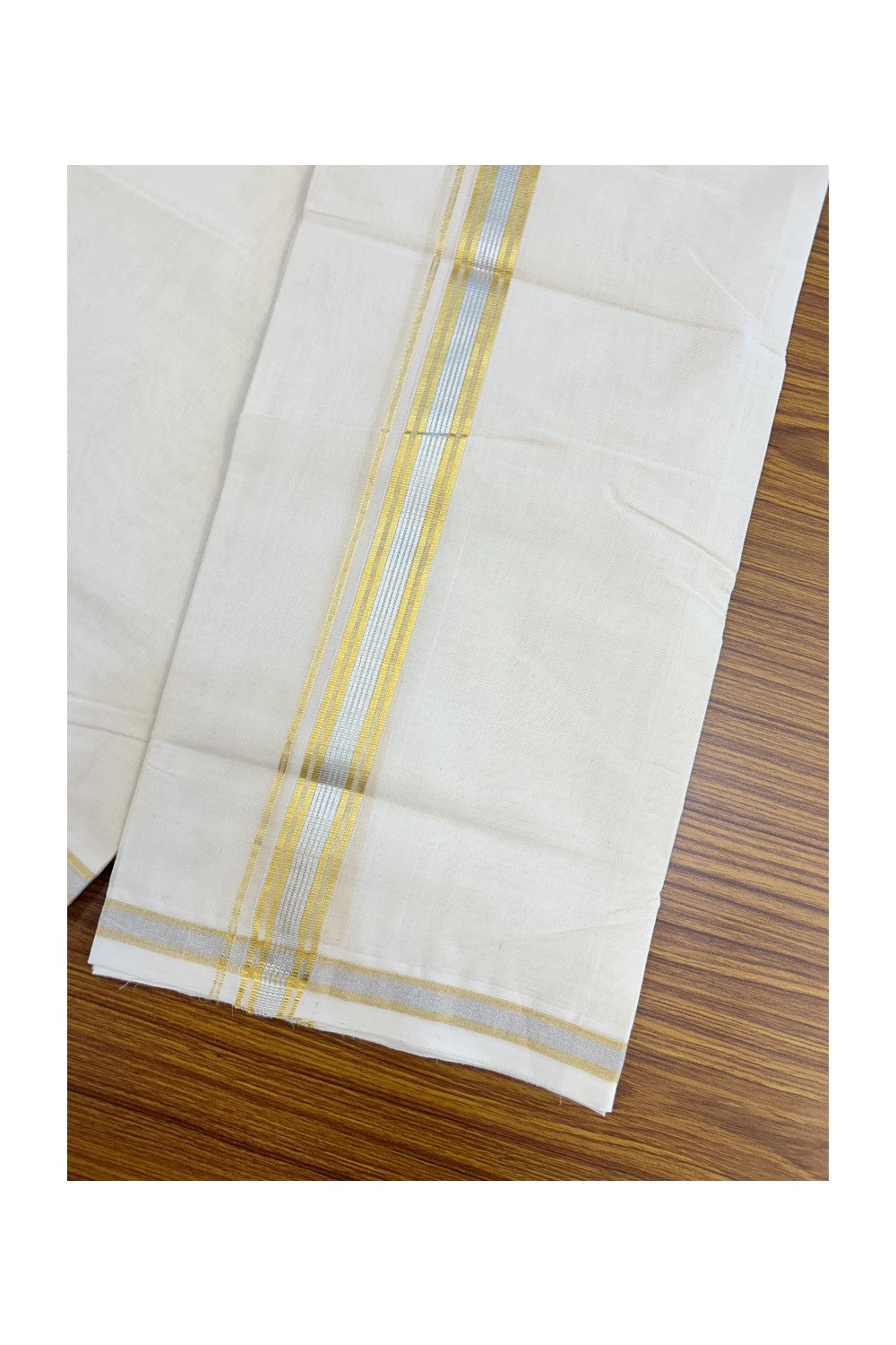 25% Discount ! KaithariKada HANDLOOM MILLPAAV Balaramapuram - 100% PURE Cotton Off White - (Unbleached) Double Mundu/Dhoti - 80X90 - 1 inch Gold Kasavu & Silver Kasavu Stripes Kara 4 mtr (8.5 muzham)- 17KK5234 RAM