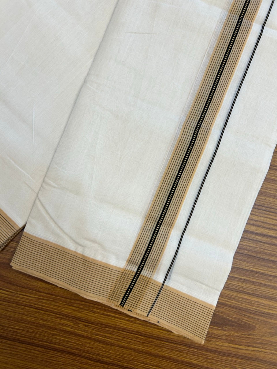 25% DISCOUNT!! KaithariKada HANDLOOM UNAKKUPAAV Balaramapuram - 100% PURE Cotton OFF White - (Unbleached) Double Mundu/Dothi - 100 x 80 - 1.5 inch Sand Brown Black Strip Kara 3.80 meter (8.5 mulam) - 17 KK5249 REA