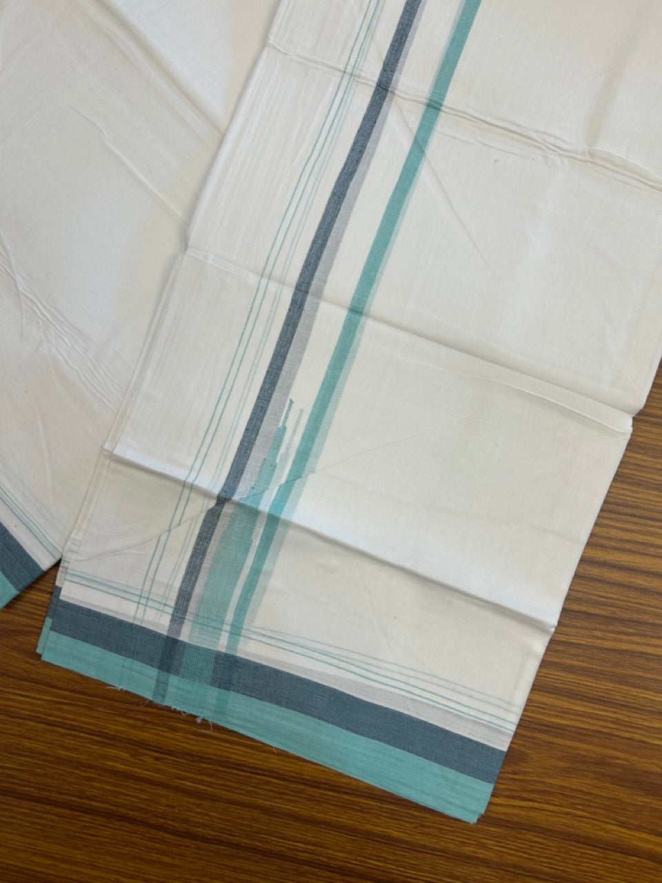 20% Discount ! NEW! KaithariKada Balaramapuram 100% Cotton Pure white Double Mundu/Dhoti - (100x80)s - 1.5 inch Turquoise Navy chutty - 17 KK5249 VIN
