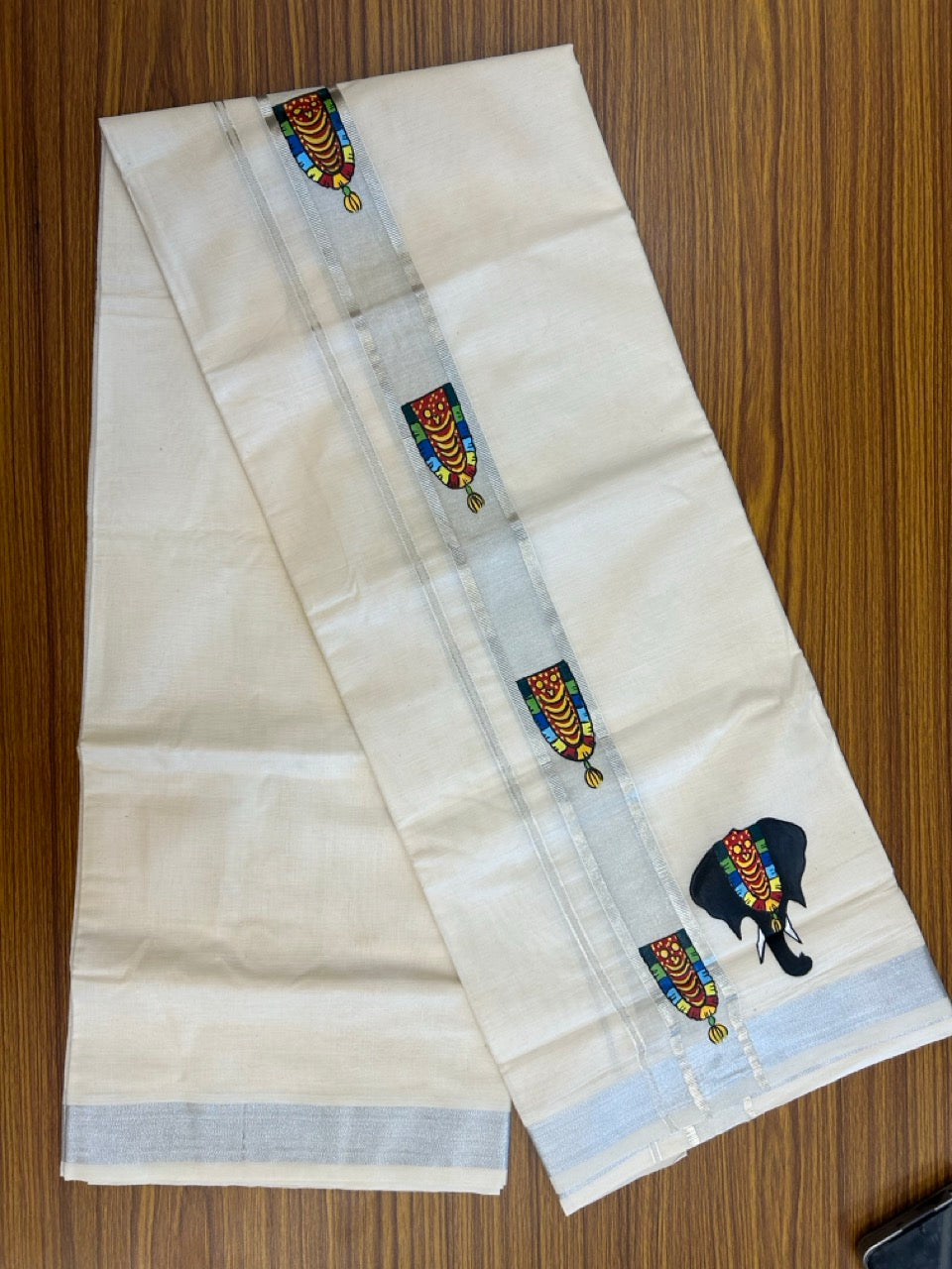 24% Discount! KaithariKada 100% Cotton Double Off white - (Ubleached) Mundu / Dhoti - 100x80 1.5 inch Silver Kasavu & Hand Painted Elephant Nettipatton - 17 KK5259 CKS