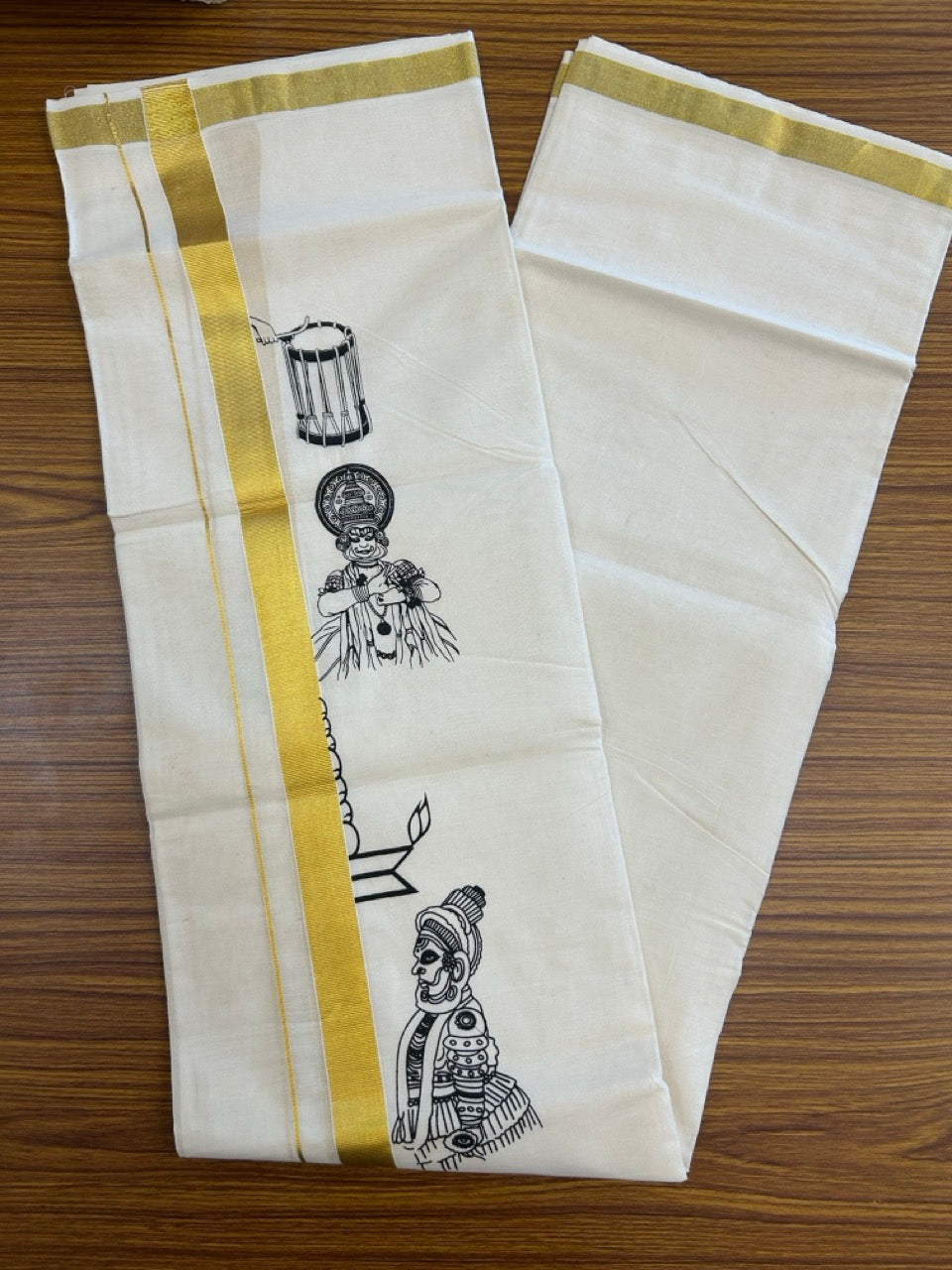 25% Discount!! KaithariKada Balaramapuram Pure Cotton Double Off white - (Ubleached) Mundu/Dhoti - 80x72 - 1 inch Kasavu & Theyyam Chenda kathakali Printed Design Kara - 17 KK5262 MUT