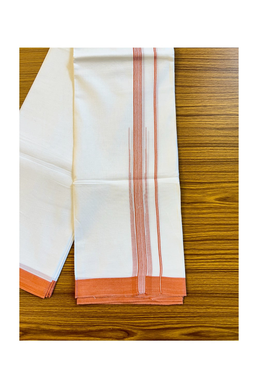 22% DISCOUNT!! Kaitharikada Balaramapuram 100% Cotton Ultra WHITE Double Mundu/Dothi-100x100 2.25 Inch ORANGE Striped Cotton Kara 3.80m (8 Muzham) - 17KK74RAM