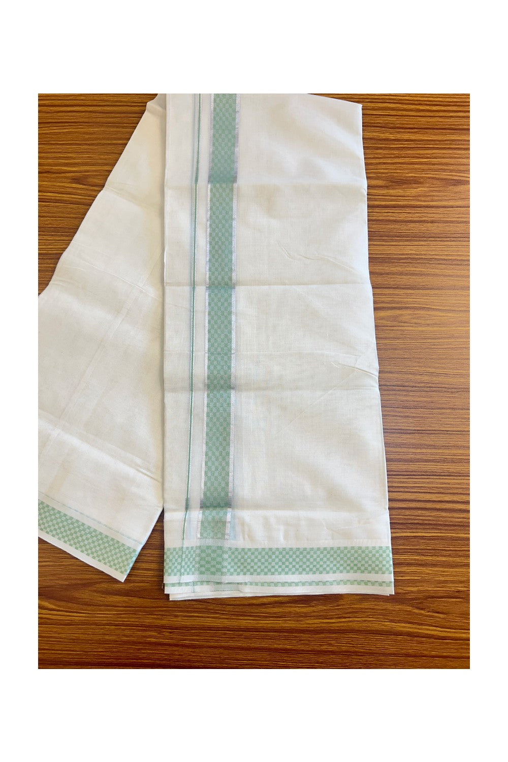 21% DISCOUNT ! KaithariKada Balaramapuram 100% Cotton Double off white (Unbleached) Mundu/Dhoti - 100X100 Silver kasavu light green check design kara - 17KK78PMC