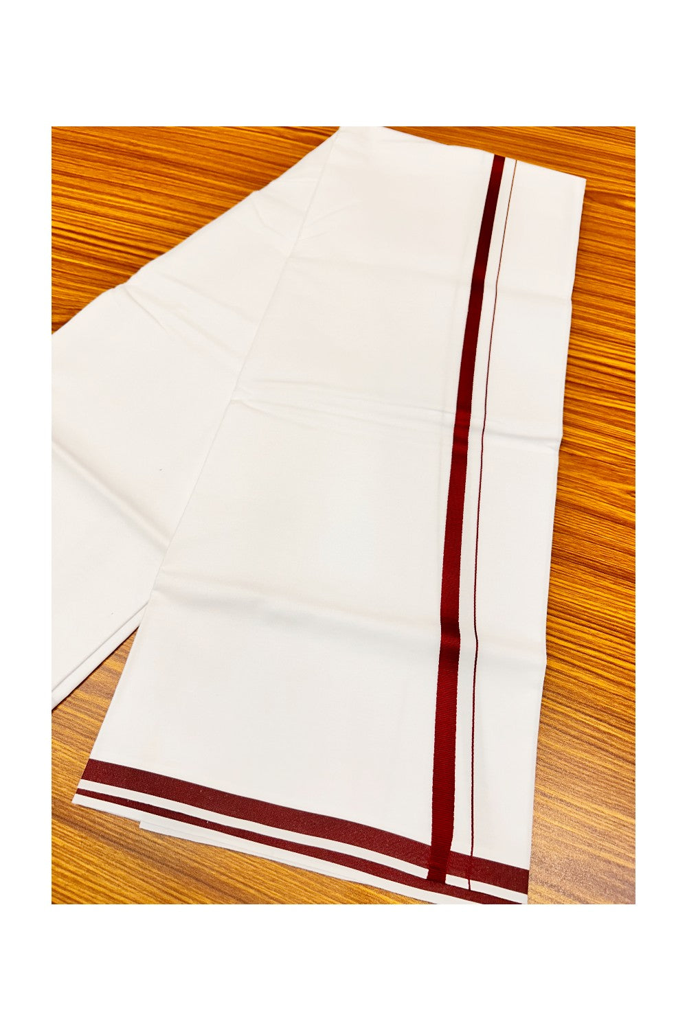 15% OFFER!! KaithariKada 100% Cotton PURE WHITE SINGLE Mundu/Dhoti-40X40 Maroon+Brown 2.5 cm (2 meter / 4 muzham) Kara- 17pra