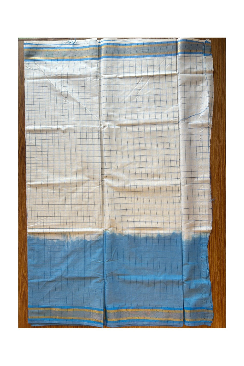 15% Discount! Kaitharikada Kerala Cotton Saree - Turquoise Blue Color Dyed & Gold Kasavu Blue Striped Kara - 17KK1003HAR