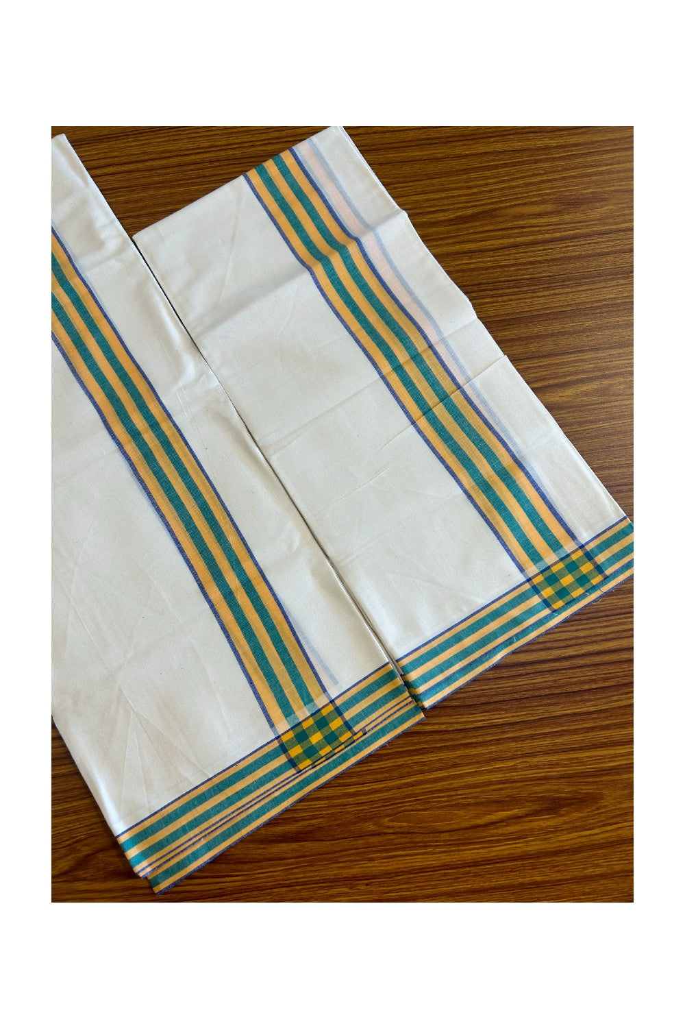 15% Discount!! KaithariKada - Kerala Cotton SINGLE SET MUND FOR WOMEN - EXTRA LENGTH -Blue, Yellow & Green Stripes Mulloth Kara- 18KK472CKA