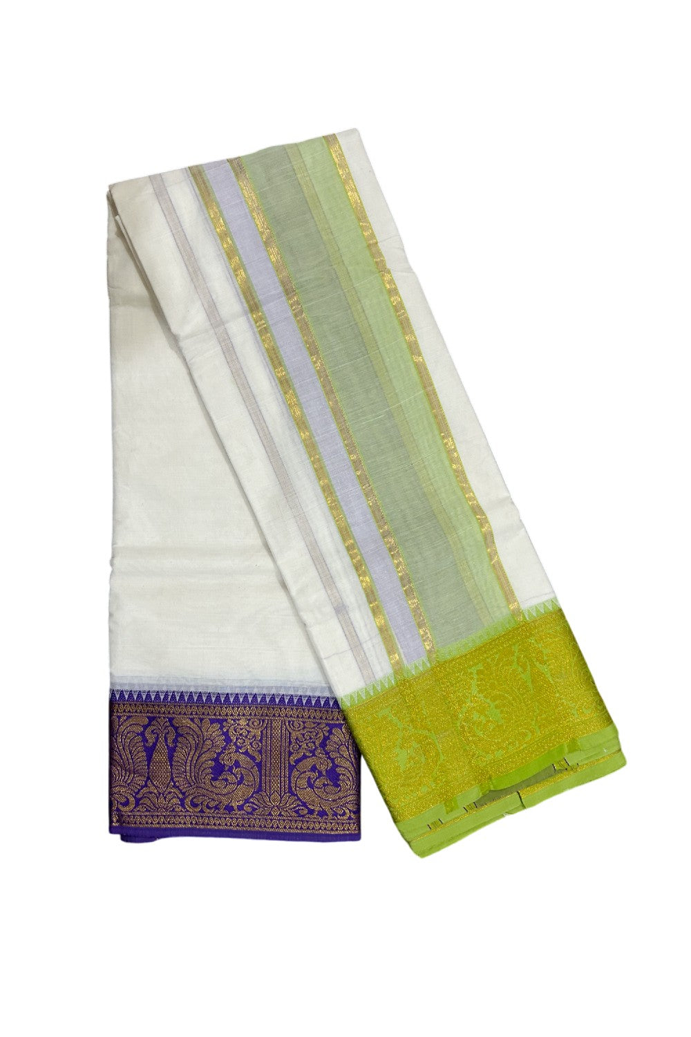 36% DISCOUNT! KaithariKada - Cotton Mix - Off White - (Unbleached) 80x80 thread- 80% Cotton & 20% Polyester - NORTH INDIAN - ATTACHED GAMCHA 9X5 Dhoti 5inch Light Green kara with Violet & Green Kasavu border - 18KK5005PMC