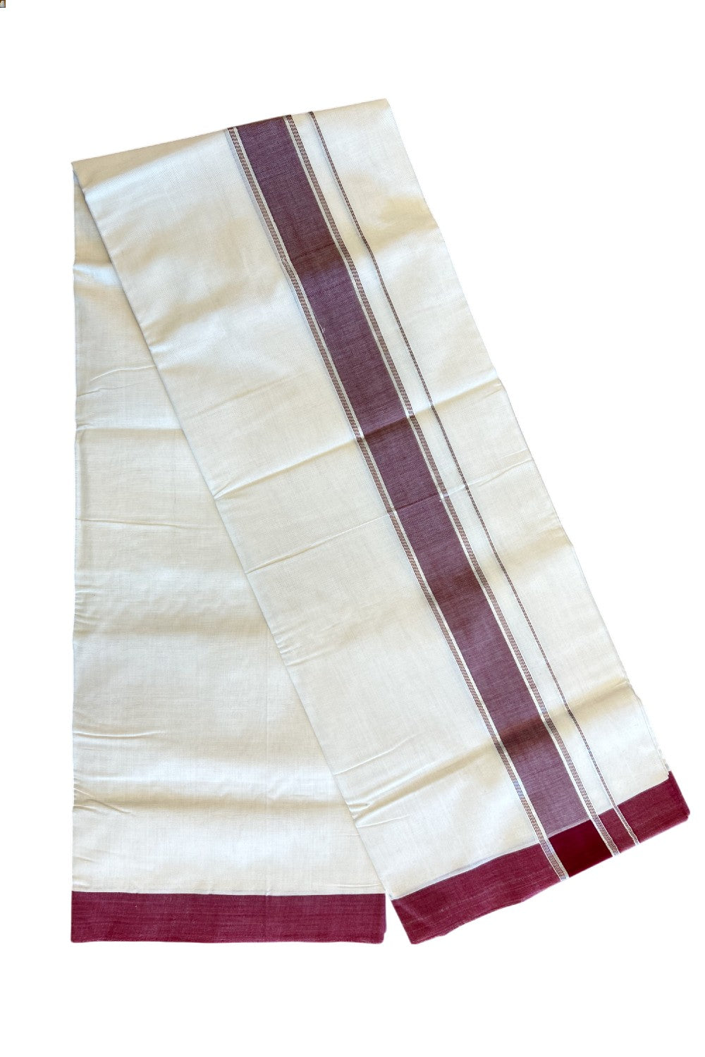 25% Discount KaithariKada HANDLOOM UNAKKUPAAV Balaramapuram - 100% PURE Cotton off white (Unbleached) Double Mundu/Dhoti - 2.75 inch Maroon Brown Silver Kasavu-116