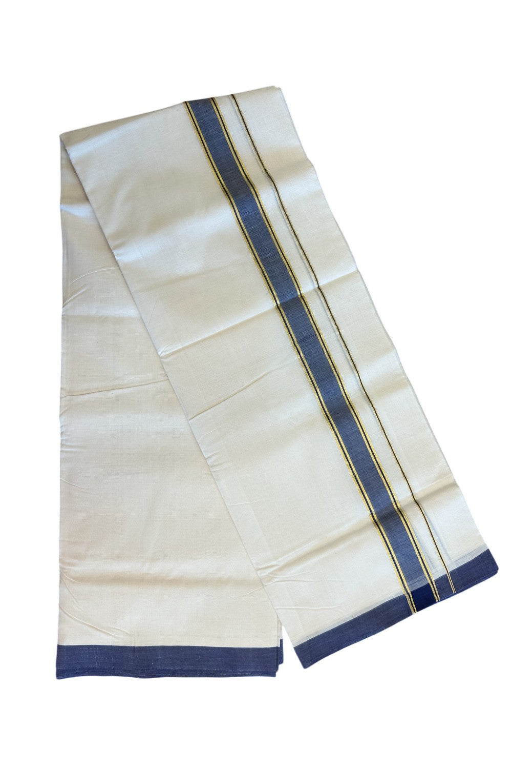 25% Discount KaithariKada HANDLOOM Unakkupaav Balaramapuram - 100% PURE Cotton Off White (Unbleached) - 100x100 Double Mundu/Dhoti - 2inch Gold Kasavu Navy Blue Kara- 90