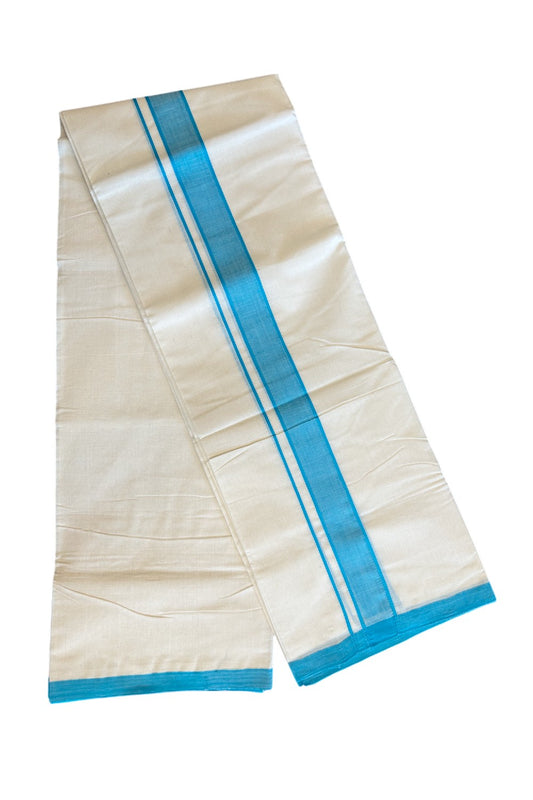10% Discount! KaithariKada Balaramapuram  Handloom 100% Cotton Double Off white - (Unbleached) Mundu/Dhoti-100X100- 2 inch Sky Blue Kara-60.