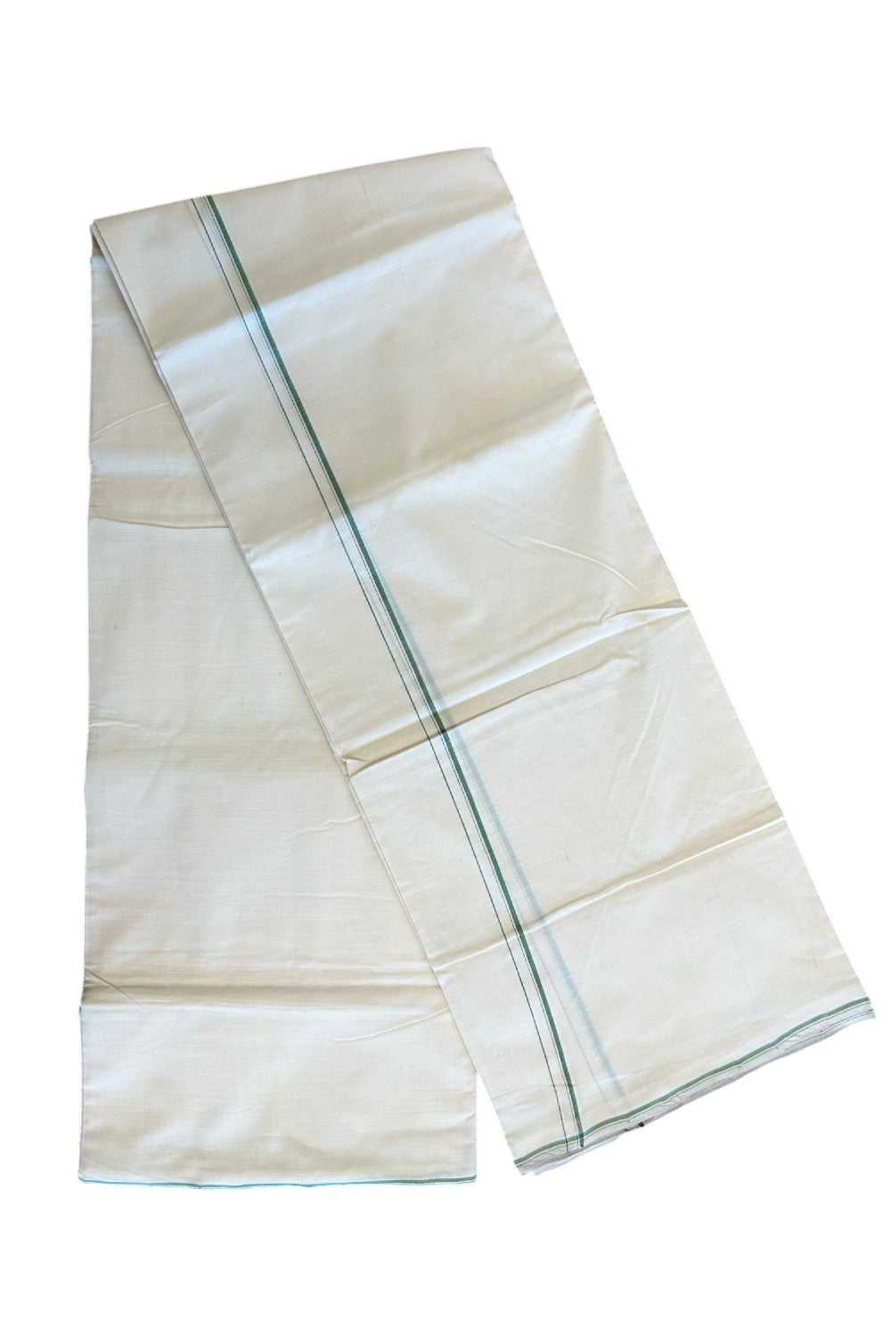 25% Discount!!! KaithariKada 100% Cotton Handloom Kalamachal Off white (Unbleached) Double Dhoti/Mundu - 0.5 Inch Green