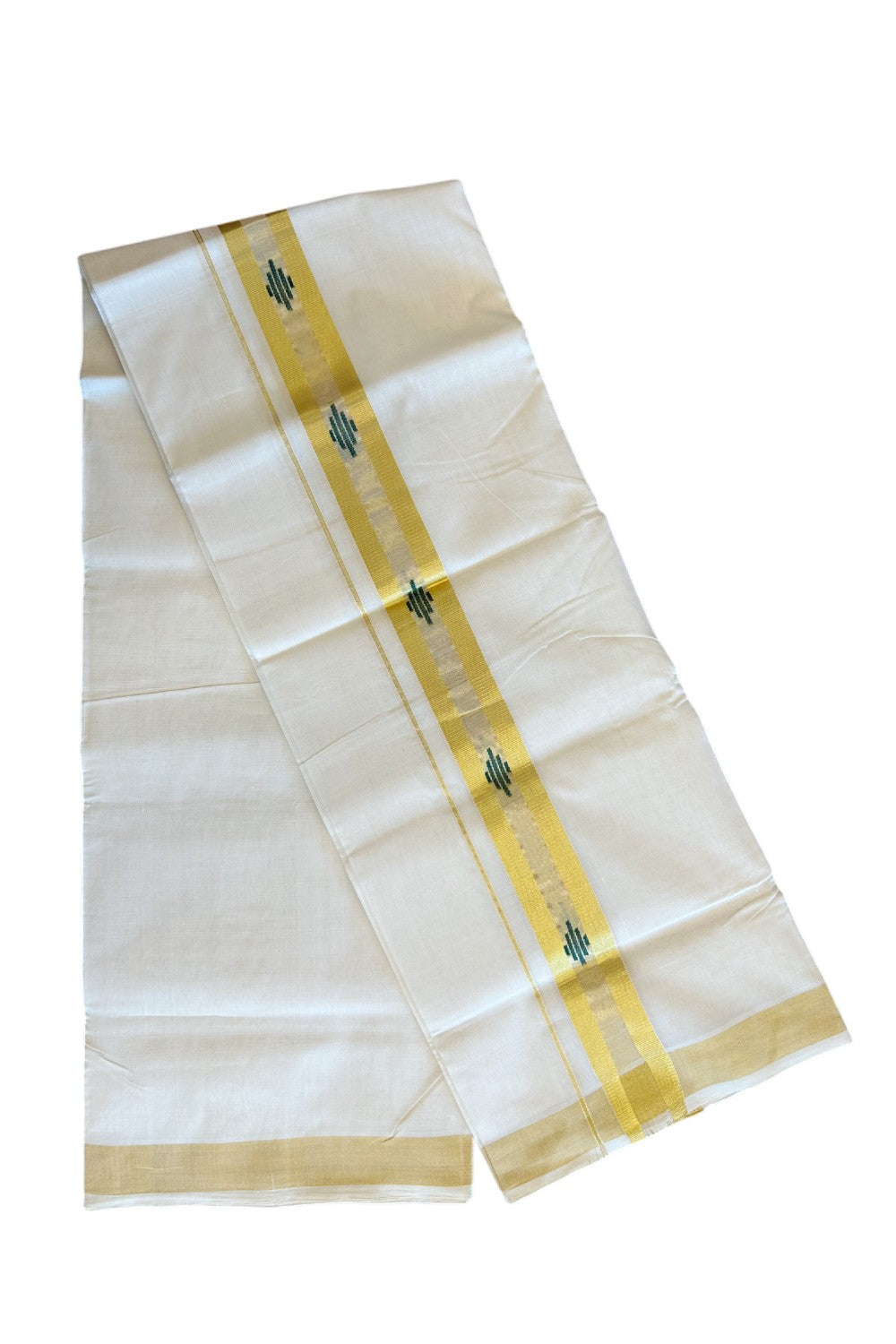 25% Discount!!! KaithariKada HANDLOOM UNAKKUPAAV Balaramapuram - 100% PURE Cotton off white (Unbleached) Double Mundu/Dhoti -100x 100 - 2.5 inch Kasavu with Center Tissue & Green design kara - 17KK5096YAR