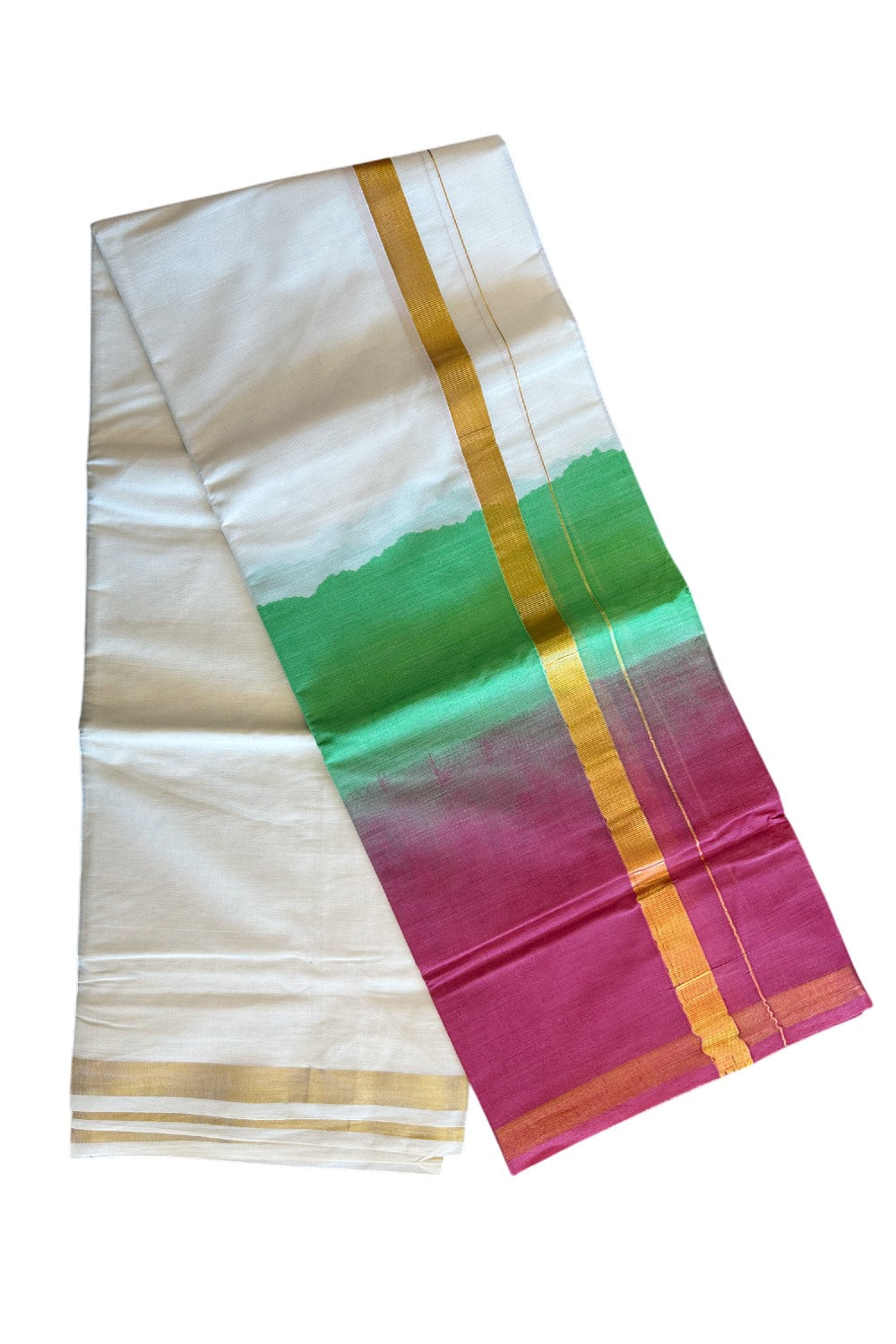 20% Discount !! KaithariKada Balaramapuram Mixed Cotton OFF White (Unbleached) Double Mundu/Dhoti -80x80 Thread Mixed Cotton - 1.75 inch Kelly Green & Red Purple Dyed Kasav Kara - 18KK5113PMC