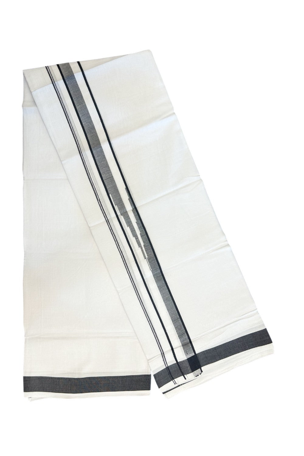 25% DISCOUNT! KaithariKada Balaramapuram 100% Mercerised Cotton Double ULTRA PURE white Mundu/Dhoti - 120x120 - 1.5 inch Heavy Chutty Black Shaded Kara - 18KK5139THI