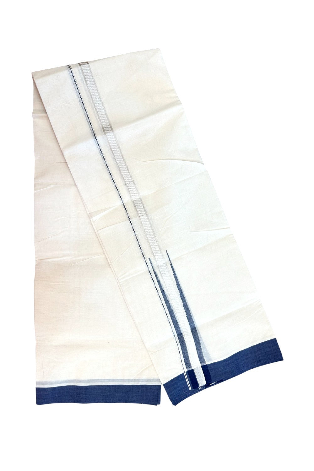 15% DISCOUNT ! KaithariKada Balaramapuram 100% Cotton DOUBLE OFF WHITE Mundu/Dhoti (Unbleached) - 100X80 - 0.75 inch Puliyilakkara NAVY BLUE SILVER Big chutty - 18KK5171GAN