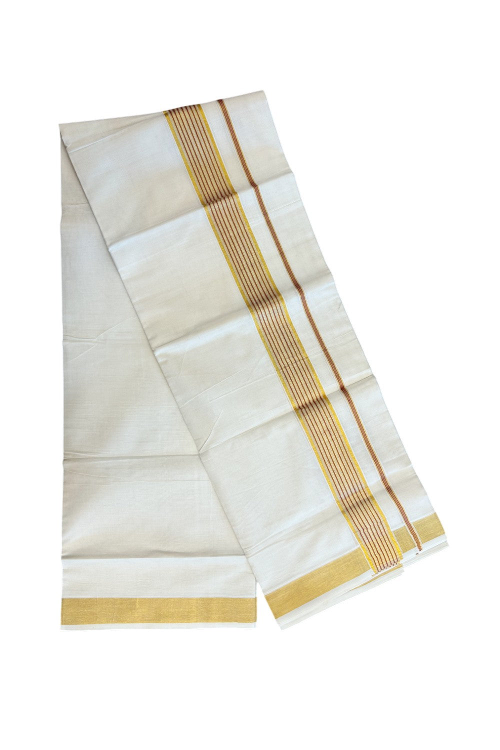 20% DISCOUNT! KaithariKada Balaramapuram Double OFF WHITE Mundu/Dhoti - 100x80- 1.75 Inch Gold Kasavu & Majenta striped Kara - 18KK5182VAS