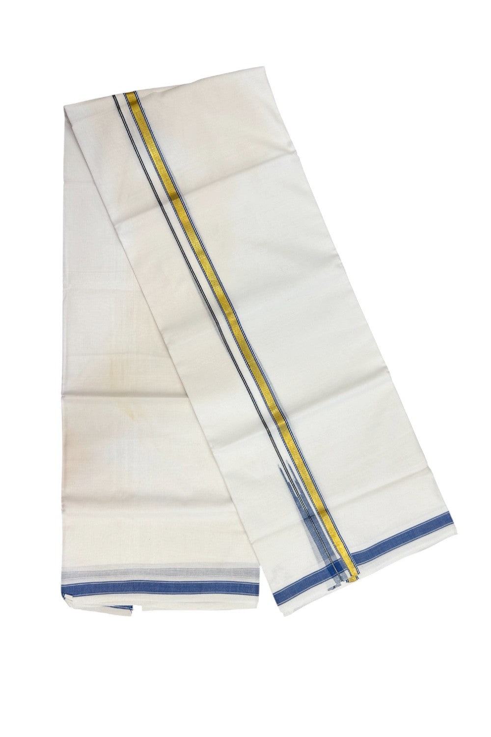 20% DISCOUNT!! KaithariKada Balaramapuram 100% Cotton PURE WHITE Double Mundu/Dhoti-100x80 - 0.5 inch Blue Kasav Chutty Kara - 18KK5191CKS