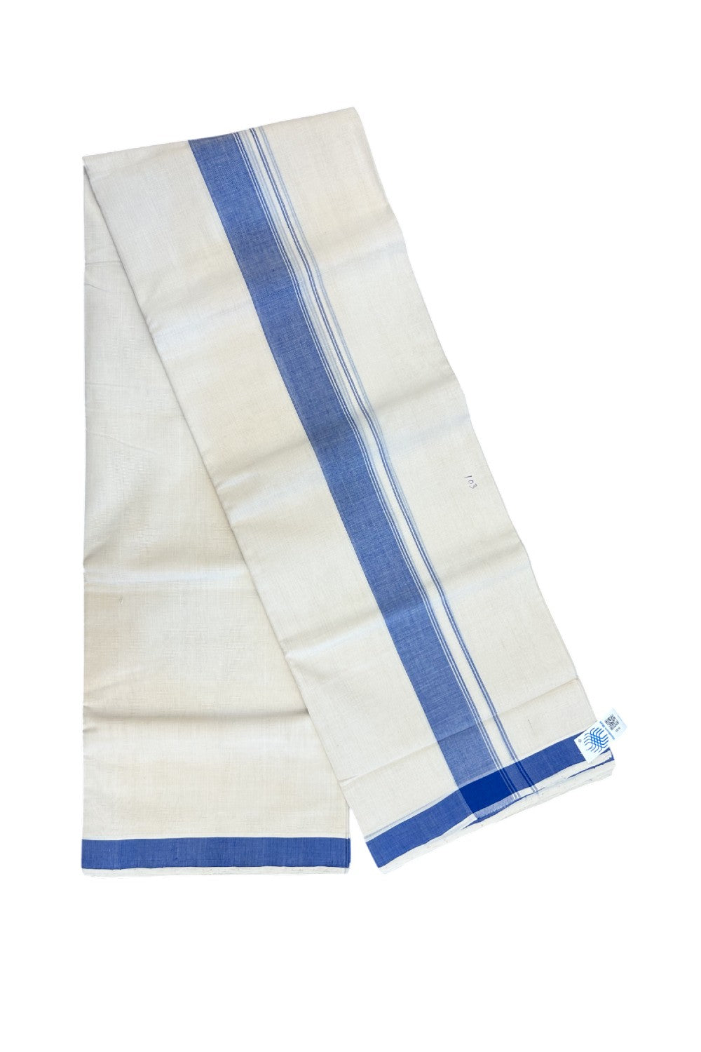25% Discount KaithariKada HANDLOOM Unakkupaav Balaramapuram - 100% PURE Cotton off white (Unbleached) Double Mundu/Dhoti - 80X90 - 1.75 inch Blue Side Stripes Kara 3.80 mtr - 18KK5192ELA