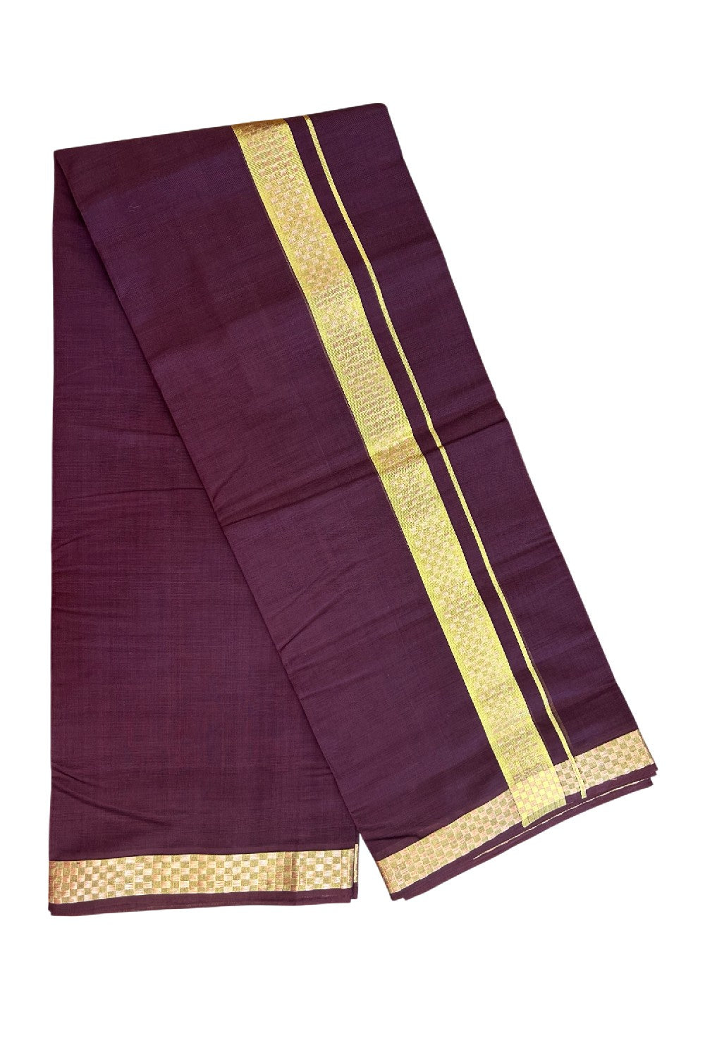 25% Discount! KaithariKada Handloom UNAKKUPAAV Balaramapuram - 100% Cotton Double Mundu/Dhoti - Wine Purple Colour Body - 1.75 inch Gold Kasavu & Copper Kasavu Jacquard Design Kara - 18KK5208ABH