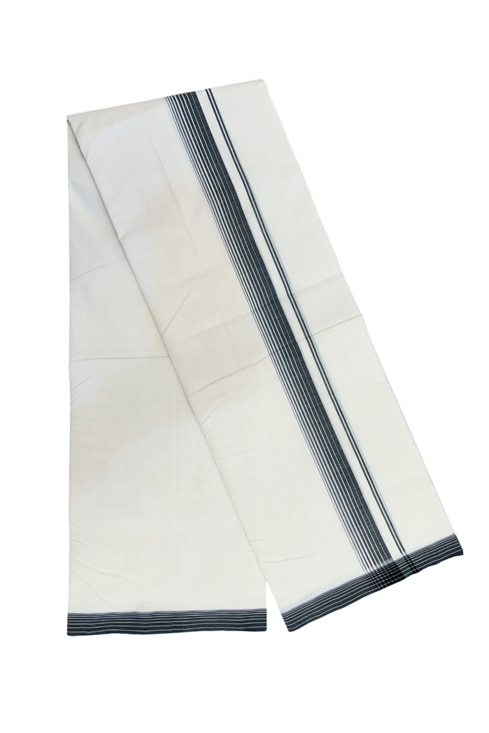 25% DISCOUNT!! KaithariKada HANDLOOM UNAKKUPAAV Balaramapuram - 100% PURE Cotton OFF White - (Unbleached) Double Mundu/Dothi - 80X100 - 1.5 inch Black Striped Kara 3.80 meter (8.5 Muzham) - 18KK5209 REA