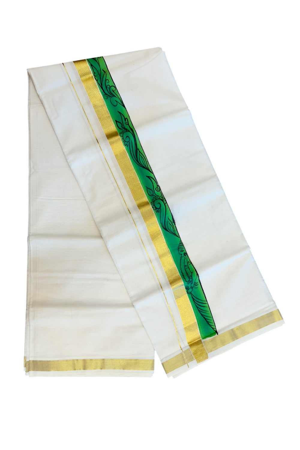 29% Discount! KaithariKada Balaramapuram 100% Cotton off white Double - (Unbleached) Mundu/Dhoti - 80x90 - Gold Kasavu HAND PAINTED Dark Green & Light Green Flower Pattern 2.25 inch Kara - 18KK5212 VIN