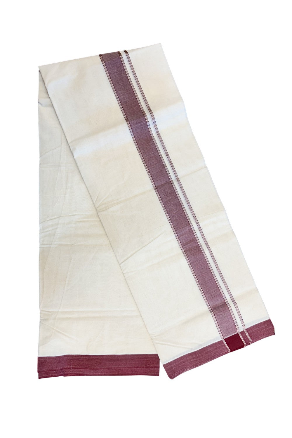 NEW !! 20% DISCOUNT!! KaithariKada Balaramapuram 100% Cotton Double Off white - (Unbleached) Mundu/Dhoti-100x80 - 1.5 inch Silver Kasavu & Maroon Shaded Striped KARA - 3.75 mtr (8 Muzham) - 18KK5218 ASH
