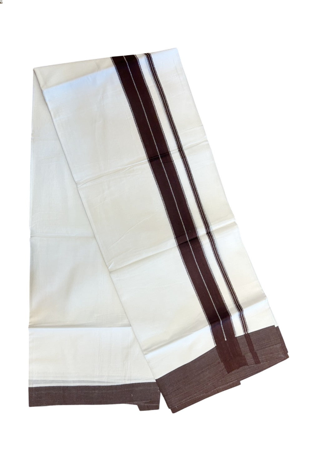 20% DISCOUNT! KaithariKada Balaramapuram 100% Cotton Double Pure white Mundu/Dhoti- 100x80 - 1.75 inch Brown Striped Kara - 3.76mtr ( 8 muzham) - 18KK5227 PMC