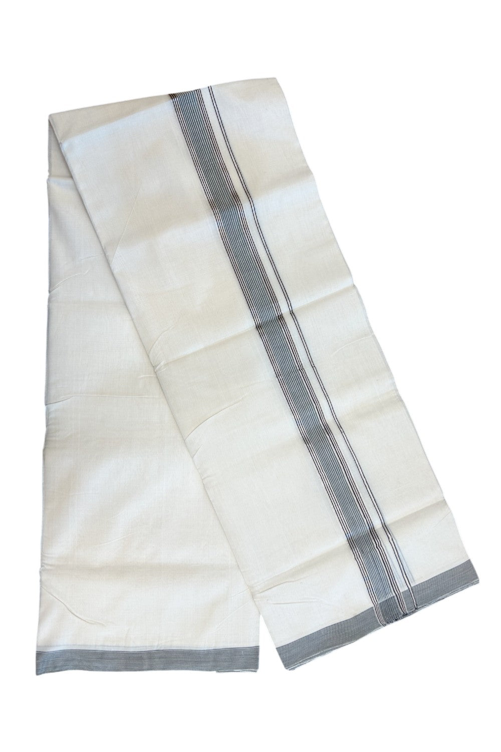 25% Discount!!! KaithariKada HANDLOOM UNAKKUPAAV Balaramapuram - 100% PURE Cotton OFF WHITE (Unbleached) Double Mundu/Dhoti - 80x90 - 1.25 inch Silver kasavu Black & White striped kara 4 Mtr (8.5 Muzham) - 18KK5235 YAR