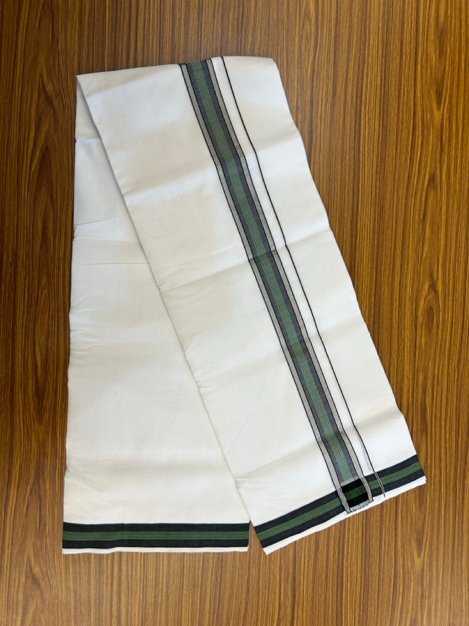 25% Discount!! NEW ULTRA PURE WHITE HANDLOOM Balaramapuram - 100% MERCERISED Cotton Double Mundu/Dhoti - 120 twisted warp x 80s weft - Green Black Silver Kasav Kara- 18KK5248 REA