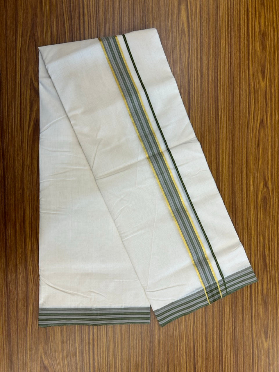 25% DISCOUNT!! KaithariKada HANDLOOM UNAKKUPAAV Balaramapuram - 100% PURE Cotton OFF White - (Unbleached) Double Mundu/Dothi - 100 x 80 - 1.5 inch Green Ash Stripes Gold Kasav Kara 4 meter - 18 KK5249 REA