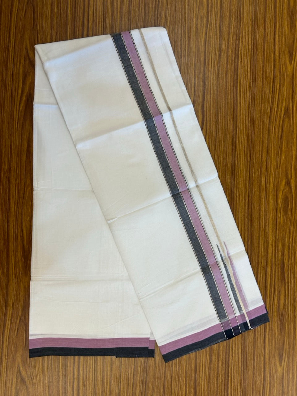26% Discount ! NEW! KaithariKada Balaramapuram 100% Cotton Pure white Double Mundu/Dhoti - (100x80)s - Pink Black Chutty Silver Kasav - 18 KK5252 CKS