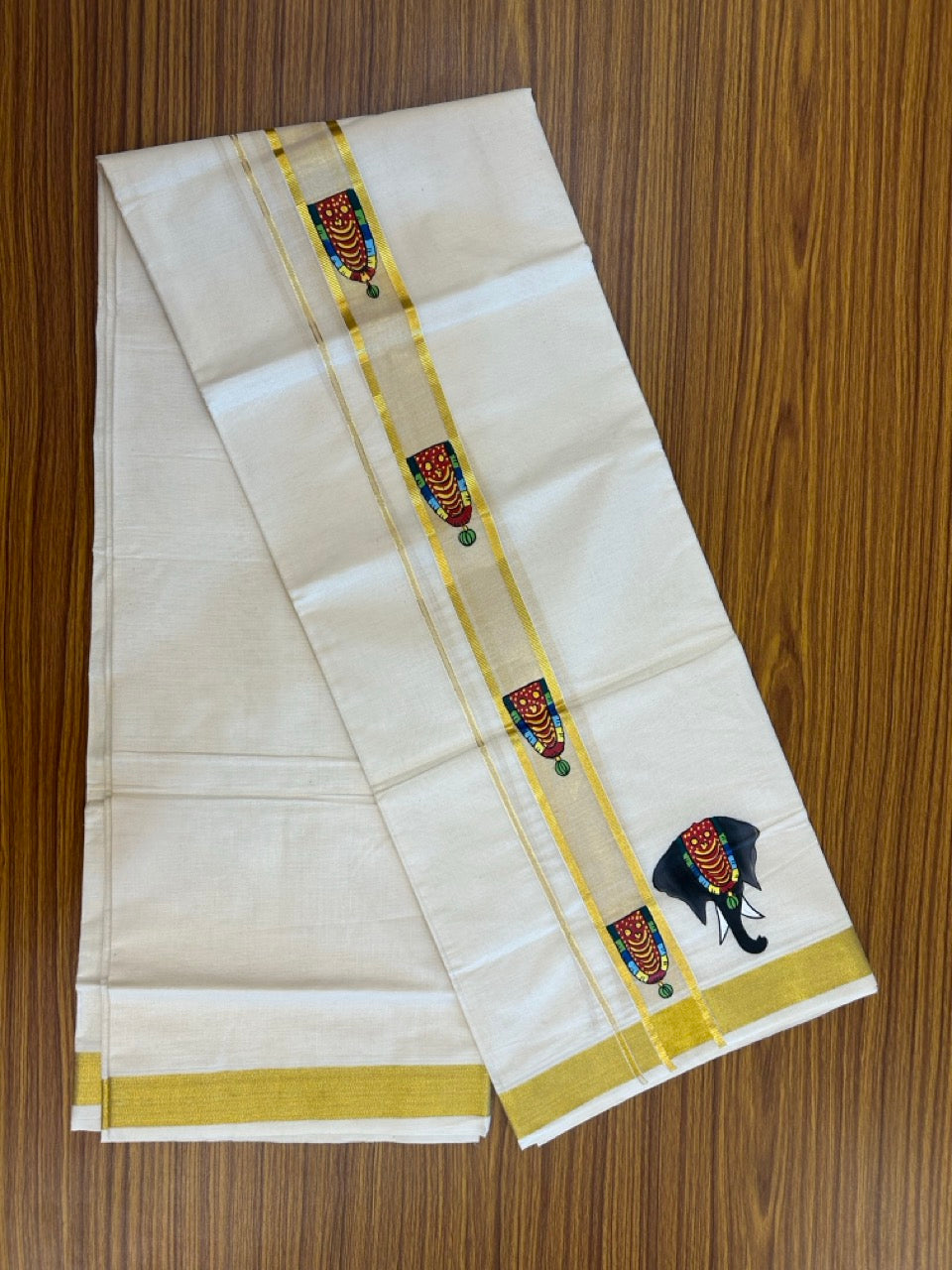 24% Discount! KaithariKada 100% Cotton Double Off white - (Ubleached) Mundu / Dhoti - 100x80 1.5 inch Gold Kasavu & Hand Painted Elaphant Nettipattom - 18 KK5259 CKS