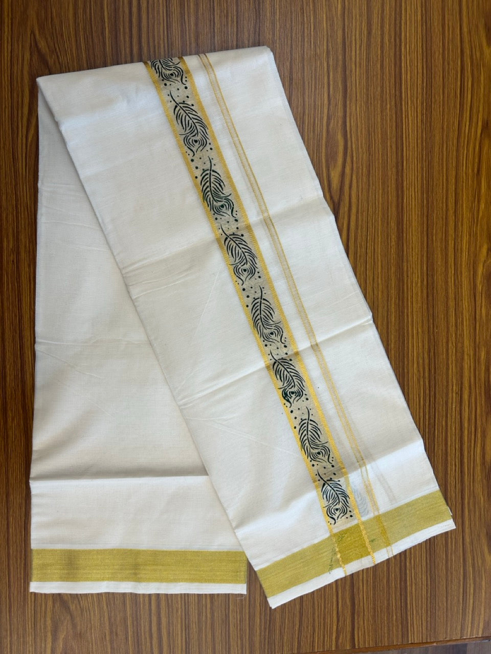 KaithariKada 100% Cotton Double Off White - (Ubleached) Mundu/Dhoti - 80x80 - 1.5 inch Gold Kasavu & Green Peacock Printed Design Kara - 4 mtr (8 muzham)- 18 KK5262 STH