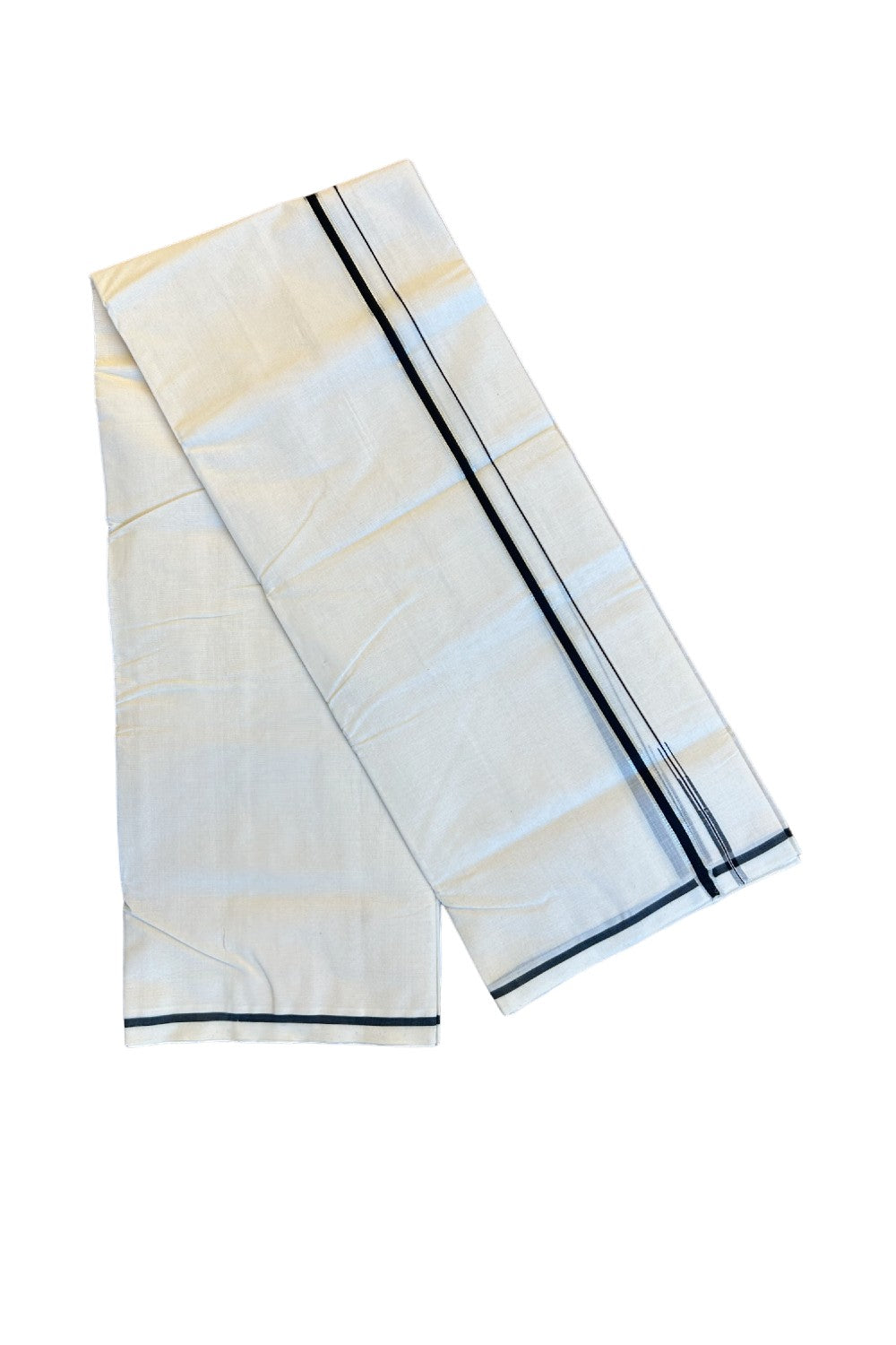 18% DISCOUNT!! KaithariKada HANDLOOM Millpaav Balaramapuram - 100% PURE Cotton Off White (Unbleached) - 100x100 Double Mundu/Dhoti - 1.cm Chutty Puliyilakkara Silver Kasavu Black Kara - 18KK72RAM
