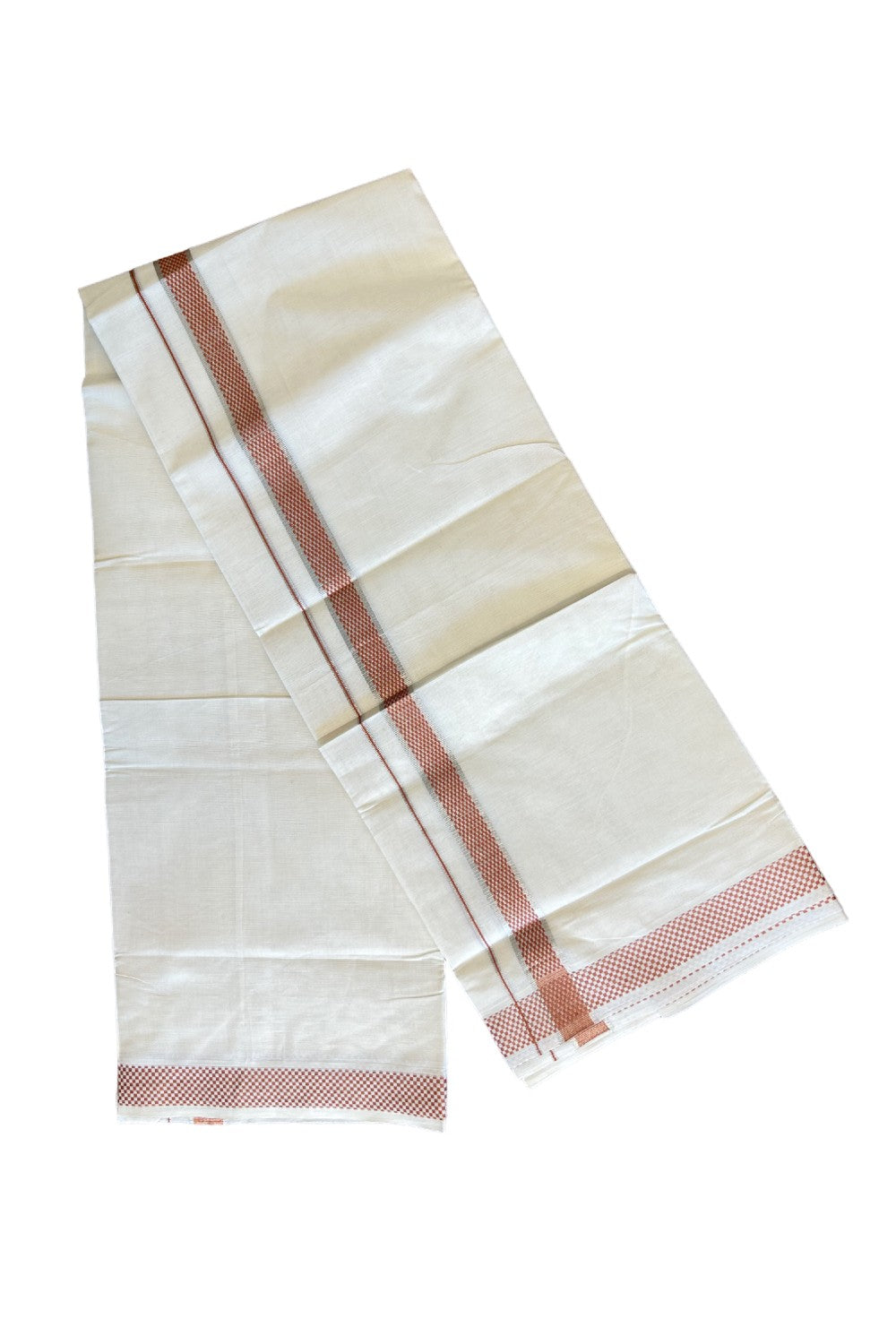21% DISCOUNT ! KaithariKada Balaramapuram 100% Cotton Double off white (Unbleached) Mundu/Dhoti - 100X100 Silver kasavu brown check design kara - 18KK78PMC