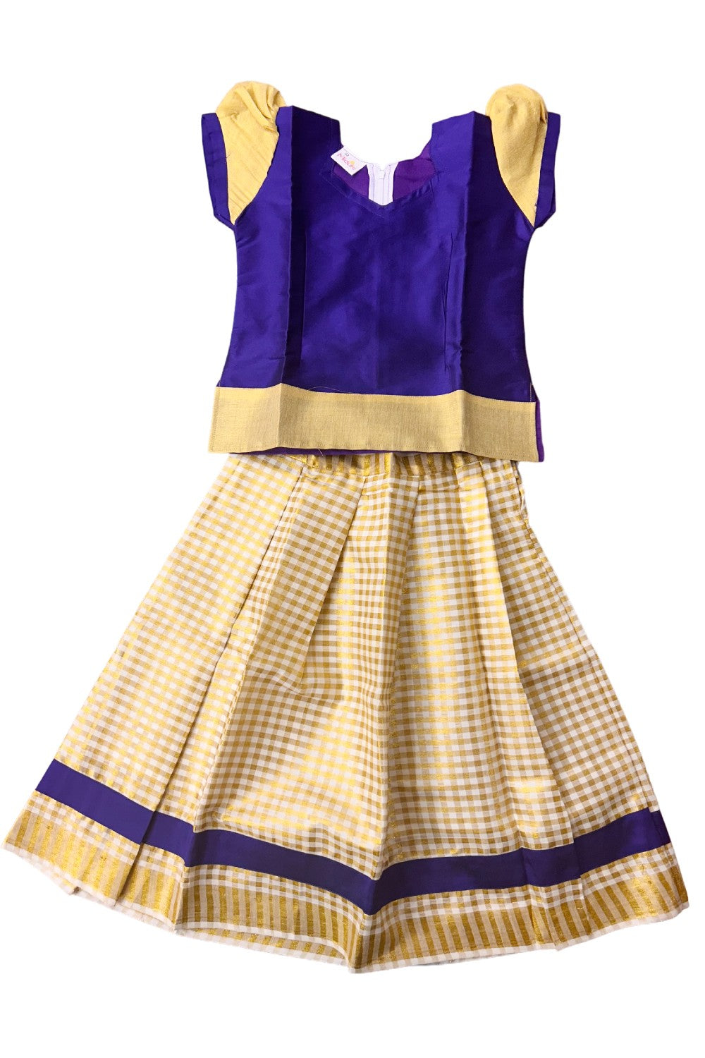 Midukki-Traditional South Indian Kids Pattu Pavada- Violet top offwhite check skirt - Age 5 - KK5MID0018